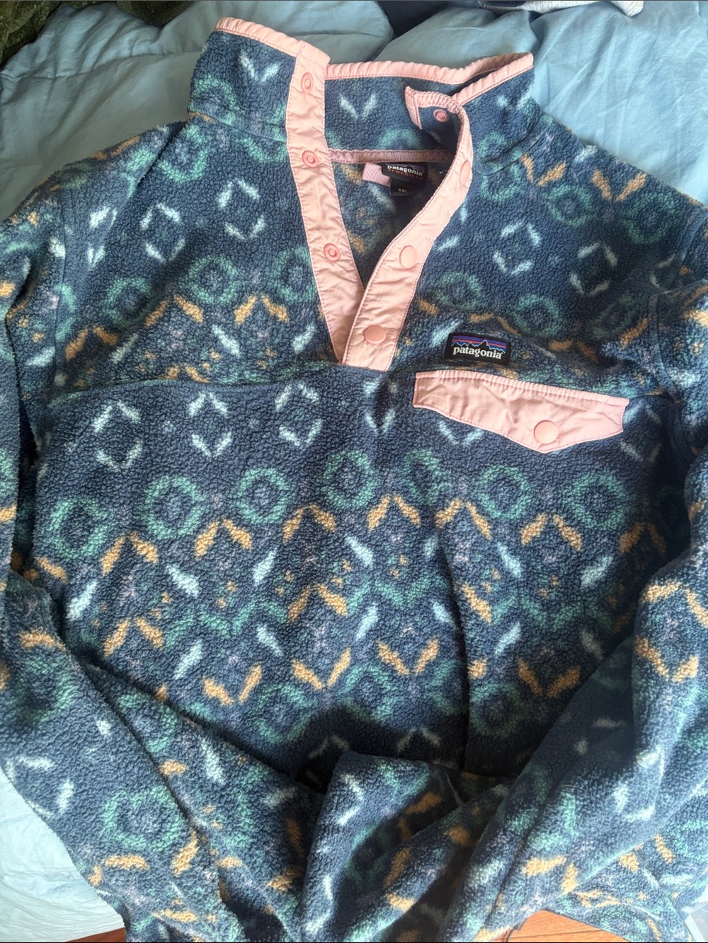 Patagonia Blue Fleece Pullover with Pink Trim